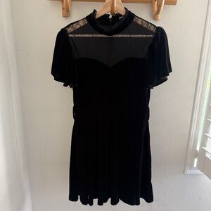 INA Black velvet mini dress puff sleeve with lace detailing and ruffles size S